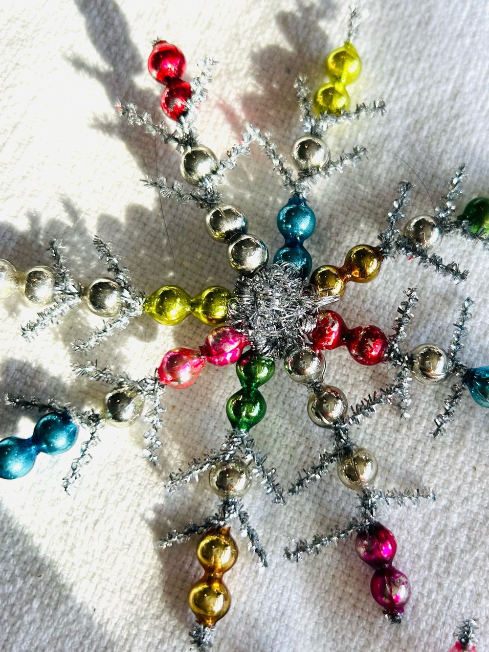 3 Vintage repurposed holiday Christmas glass garland bead snow flake ornaments